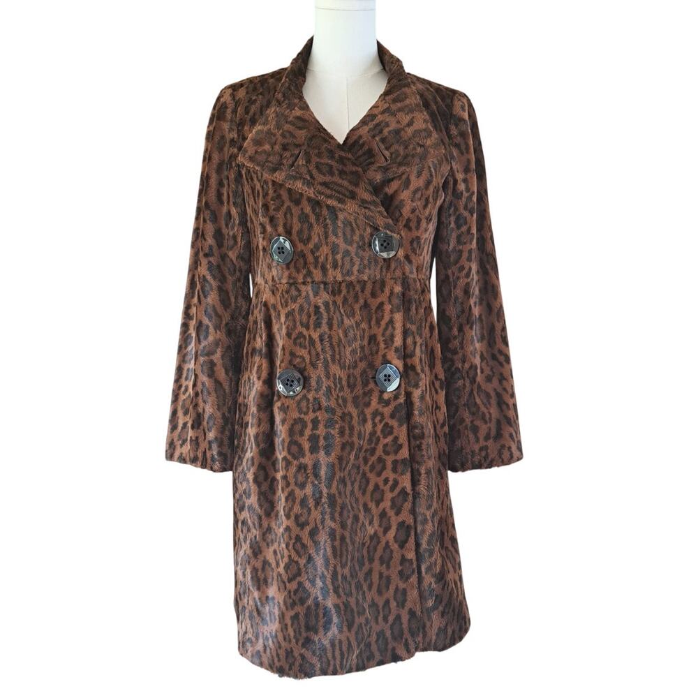 Nanette Lepore Vintage Y2K Faux Fur Leopard Print Trench Coat Sz 4 Made in USA